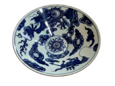 Chinese blue and white shallow bowl decorated with dragon and horse, 23cm diameter.
