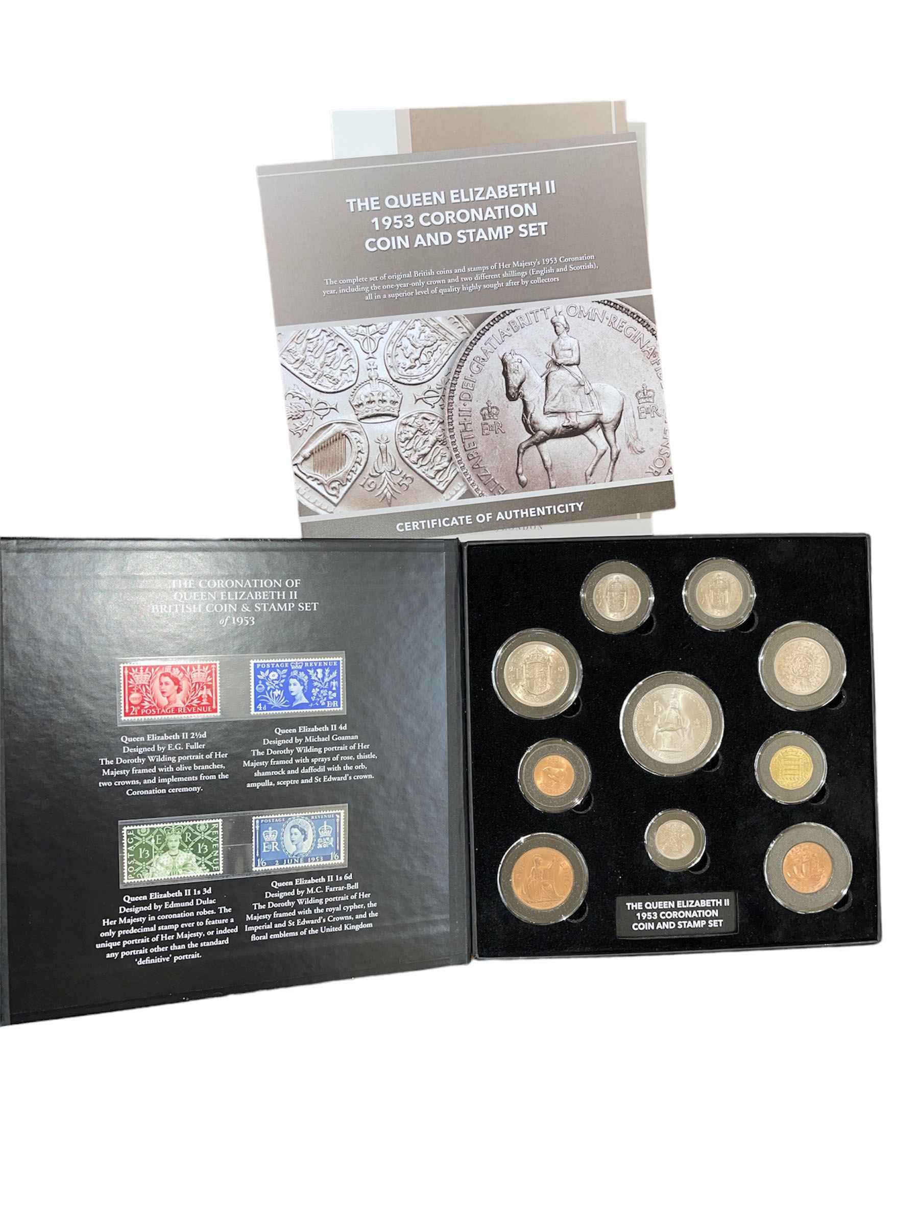 The Queen Elizabeth II 1953 Coronation coin and stamp set,