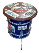 Novelty drum table decorated with Harley Davidson stickers, 67cm by 50cm diameter.