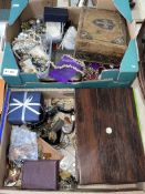 Two boxes of costume jewellery, watches, etc.