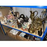 Collection of brass wares, Royal Crown Derby paperweight, figurines, mantel clock, etc.