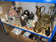 Collection of brass wares, Royal Crown Derby paperweight, figurines, mantel clock, etc.