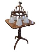 Victorian mahogany snap top occasional table on pedestal tripod base and five branch ceiling light