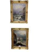 Walter Linsley, Boats on Rough Seas by Rugged Rocks, pair oils on canvas, both signed, 39cm by 29cm,