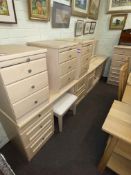 Limed finish eight piece bedroom fitment comprising two pedestal dressing tables, five height chest,