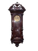 Victorian Vienna style triple weight wall clock having engraved brass dial, 137cm.