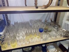Collection of cut glass, coloured glass, decanter, silver plated wares including candelabra, etc.