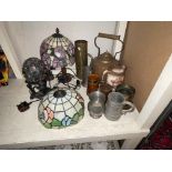 Tiffany style table lamps and shade, pewter, bagpipes, breweriana mirrors, copper kettle, etc.