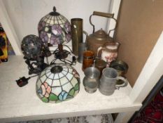 Tiffany style table lamps and shade, pewter, bagpipes, breweriana mirrors, copper kettle, etc.