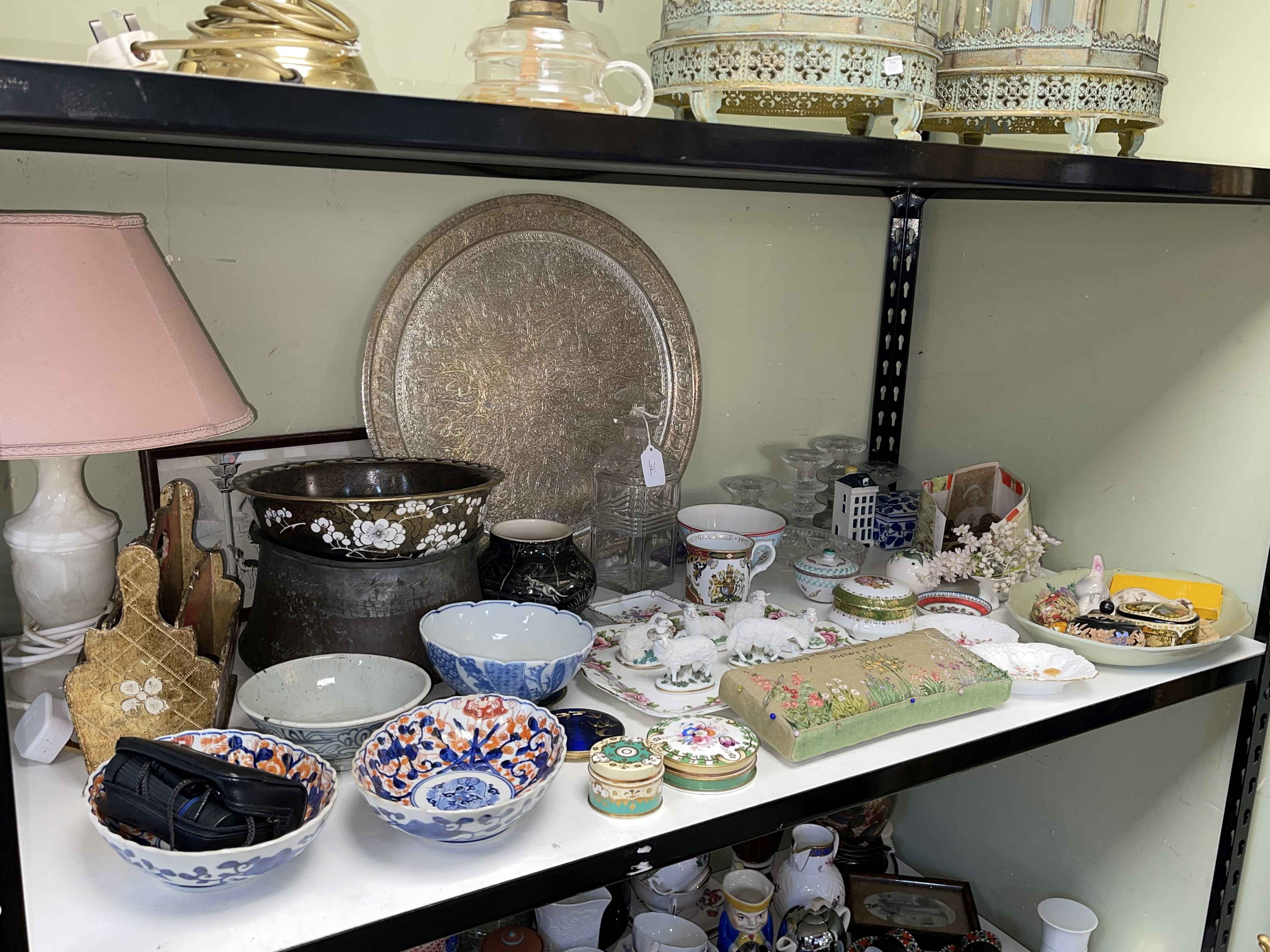 Collection of Oriental wares, sheep figurines, papier-mache, decanter, etc.