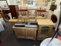 Sherry Furniture light oak extending dining table and six chairs, two door side cabinet,