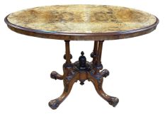 Victorian burr walnut and satinwood inlaid oval centre table, 69.5cm by 106cm by 60cm.