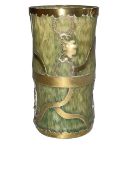 Chinese green soapstone vase with metal overlay, 14cm.