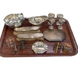 Assorted silver including mirror and two brushes, ashtray, cream jug, napkin rings,