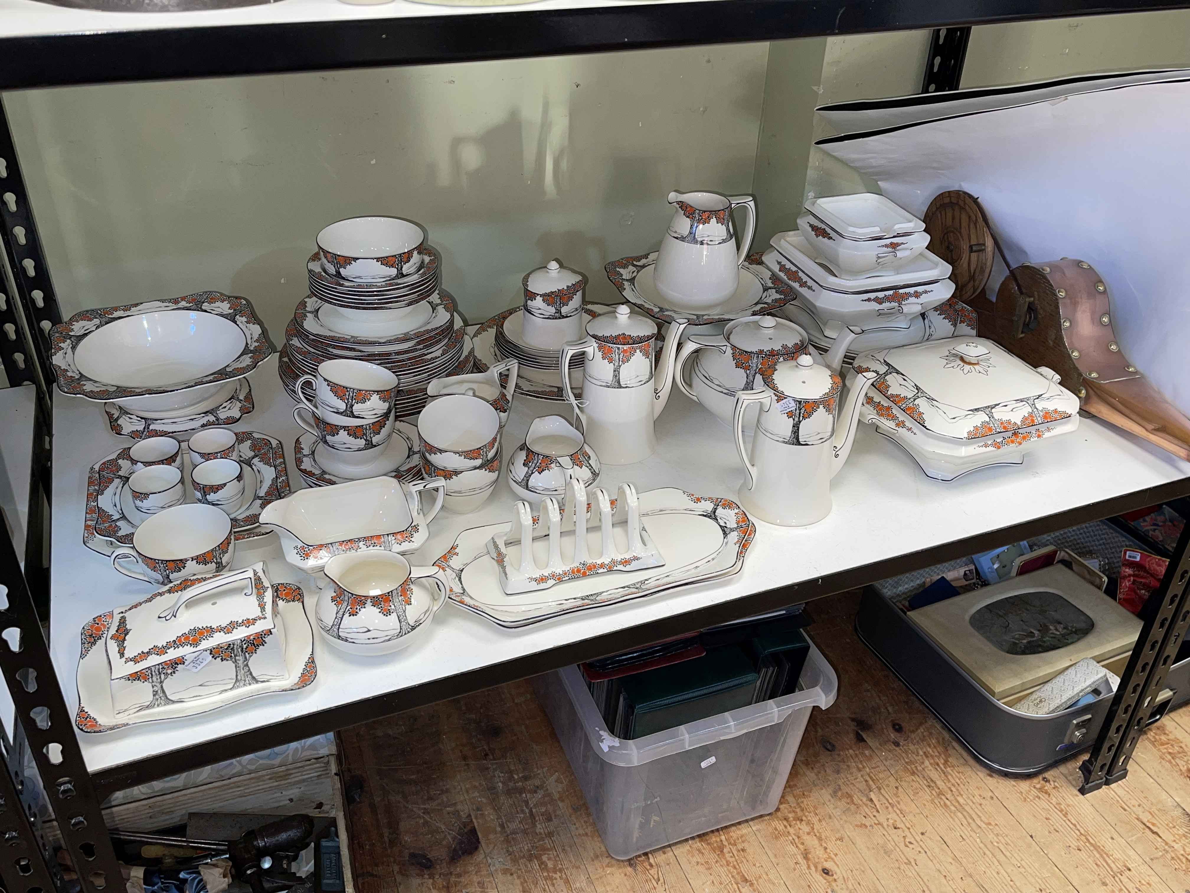 Collection of Crown Ducal Orange Tree porcelain including teapots, tureens, egg cups,