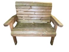 Weathered wood slat garden bench, 98cm by 120cm.