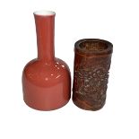 Chinese red glazed mallet style vase and carved bamboo brush pot.