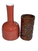 Chinese red glazed mallet style vase and carved bamboo brush pot.