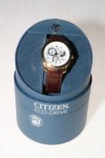 Citizen Eco Drive perpetual calendar WR100 on leather strap and with boxes and leaflets.