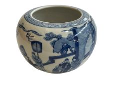 Chinese blue and white jardiniere decorated with figures in landscape, six character mark to base,