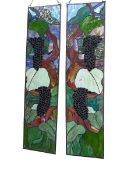 Pair stained glass panels, grapes and foliage, 94cm by 24.5cm.