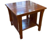 Oak Arts and Crafts style two tier occasional table, 62cm by 66.5cm by 67.5cm.