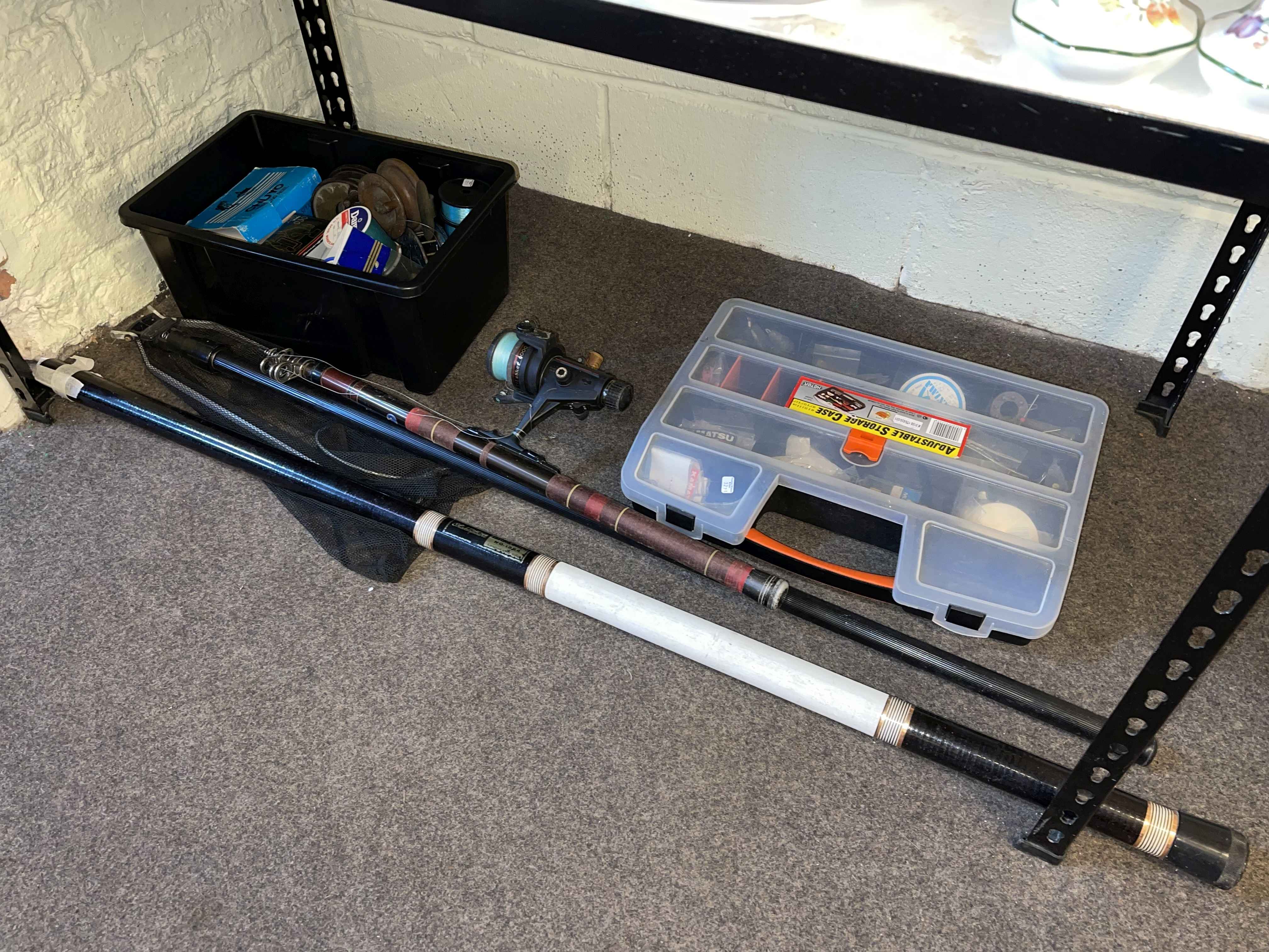 Collection of fishing rods, reels, tackle, etc.