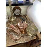 Art Nouveau brass plaque, heavy brass column lamp 48cm high, chestnut roaster,