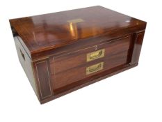 Rosewood and brass inlaid two drawer cutlery box.