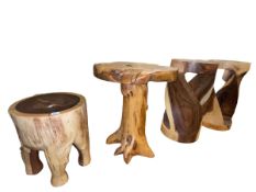 Pair naturalistic hardwood lamp tables, elephant stool and naturalistic occasional table (4).