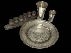 Two 830 silver beakers, white metal tray and six tot cups on tray.