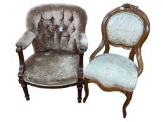 Victorian open armchair in buttoned fabric and occasional panel back side chair (2).