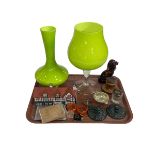 Two large lime green glass vases, WH Goss Shakespeares House pastel burner, carved wood inkwell,