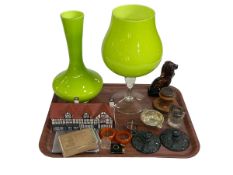 Two large lime green glass vases, WH Goss Shakespeares House pastel burner, carved wood inkwell,