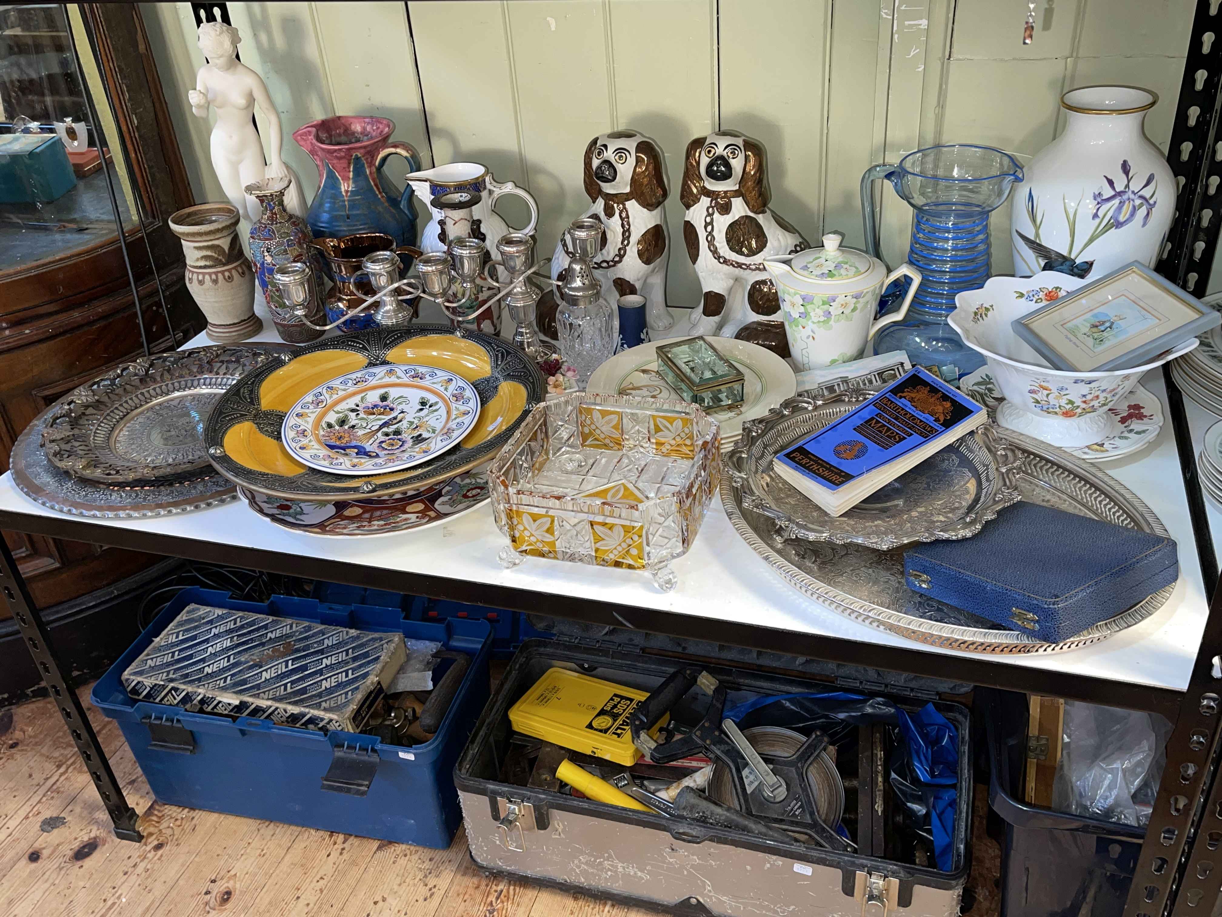 Collection of decorative pottery, lustre, Staffordshire dogs, metalwares, etc.