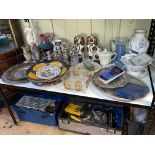 Collection of decorative pottery, lustre, Staffordshire dogs, metalwares, etc.
