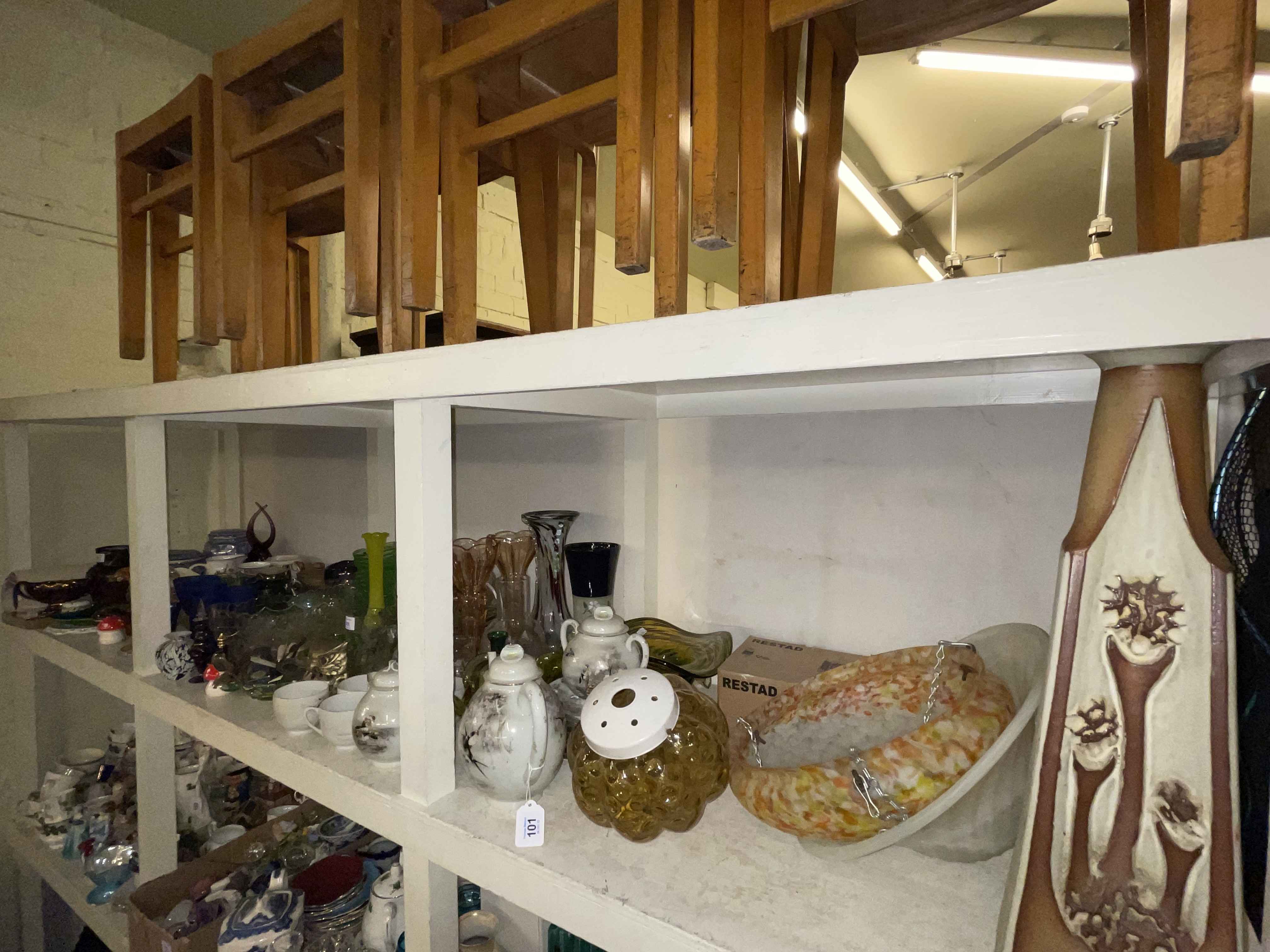 Full shelf of assorted china and glass including light globes, vases, Oriental teaware,