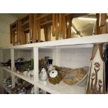 Full shelf of assorted china and glass including light globes, vases, Oriental teaware,