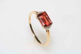 Red Andesine and Diamond 9 carat gold ring, size Q, with certificate.