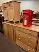 Stripped pine chest of two short above three long drawers and two stripped pine two door side