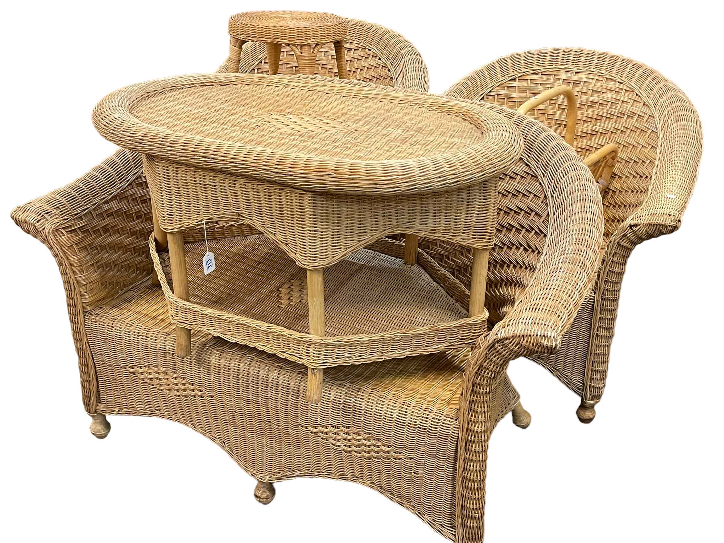 Four piece wicker conservatory suite, similar stool and cane magazine rack (6).