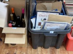 Two boxes of LP's, two boxes of wine and spirits ad box of dolls house fittings.