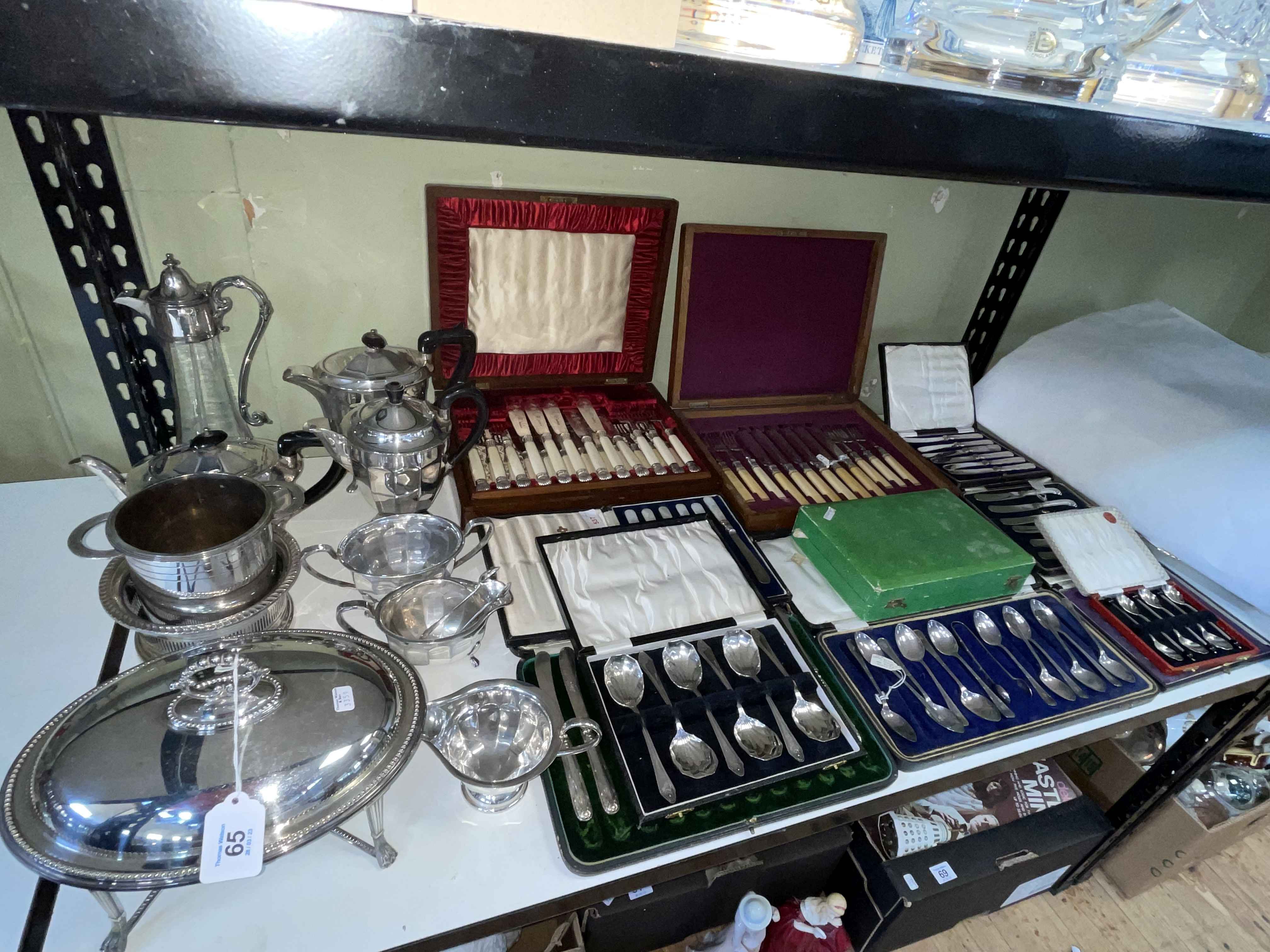 Boxes of cutlery including silver handled tea knives, EP warming dish, claret jug,