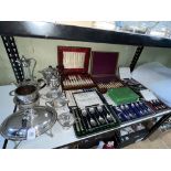 Boxes of cutlery including silver handled tea knives, EP warming dish, claret jug,