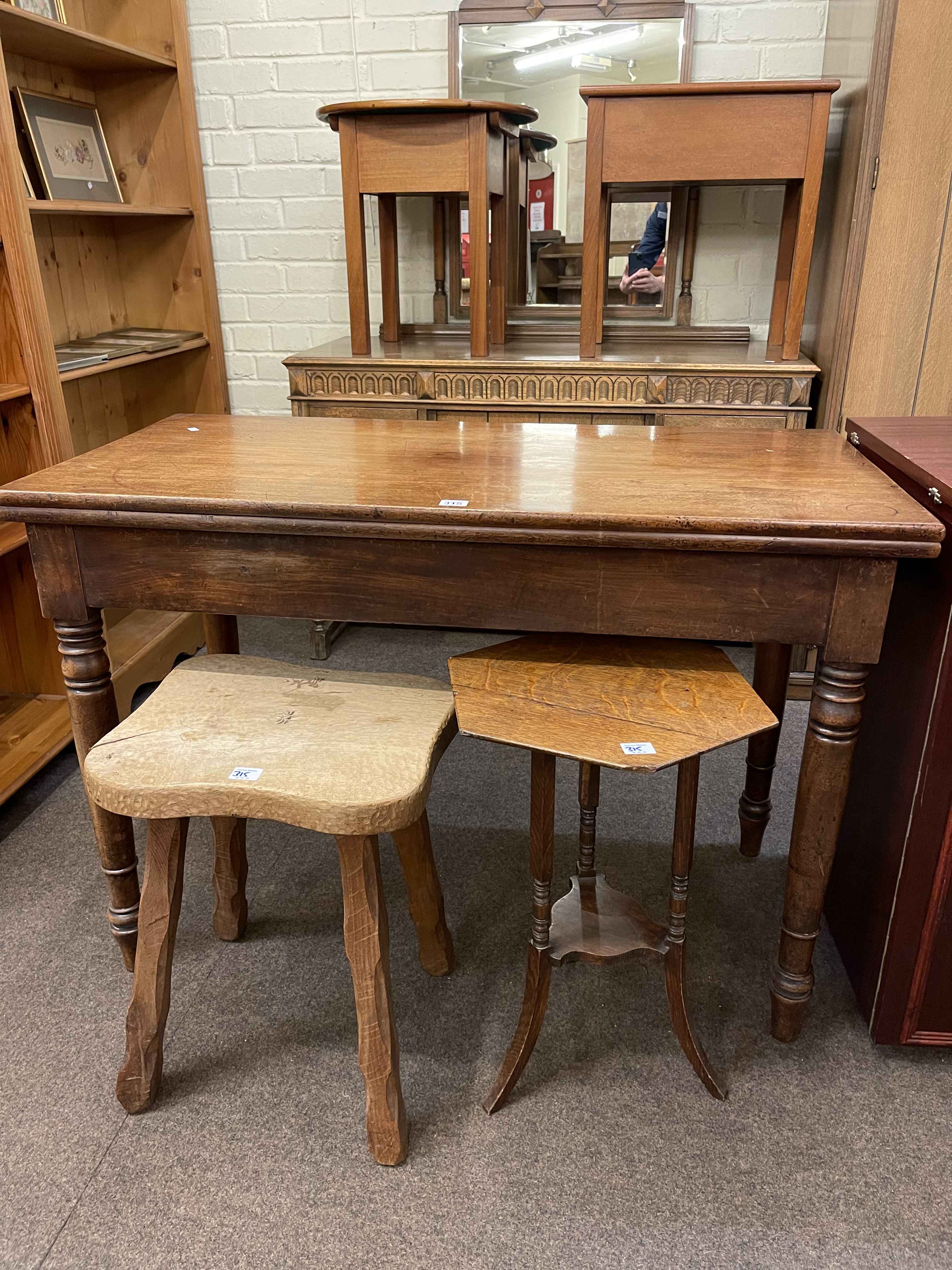 Victorian mahogany fold top tea table, bespoke oak stool, oak plant stand and two sewing boxes.