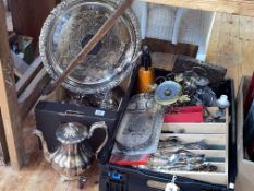 Two boxes with silver plated tea set, flatware, etc.