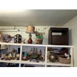 Leather nest of tables, table lamp, vases, light fitting, model galleon, books,