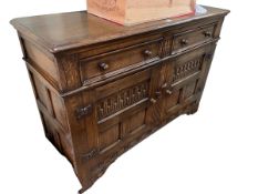 Titchmarsh & Goodwin style two door oak dresser, 84cm by 121cm by 46cm.