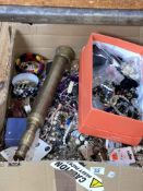 Box of costume jewellery and telescope.