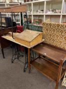 Rectangular cast base table, child's school desk, ledger desk and oak two tier dinner wagon (4).